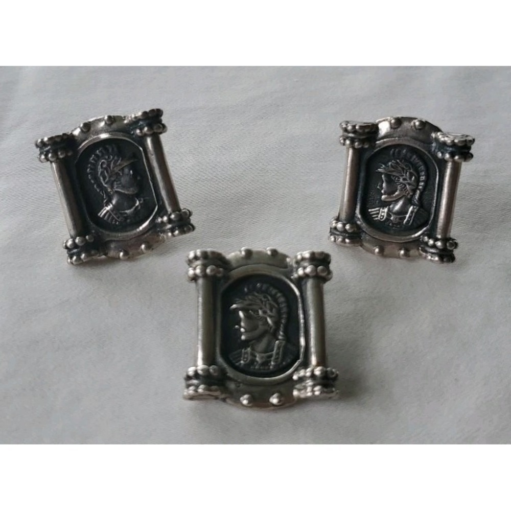 Vtg 925 Jewelry Set Roman Warrior Cameo Clip On Earrings & Pendant Renaissance